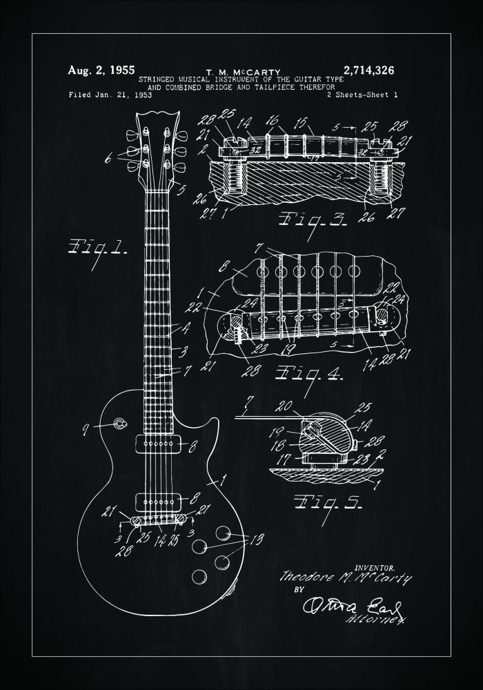 Patentni crtež - Električna gitara u - Crno Plakat