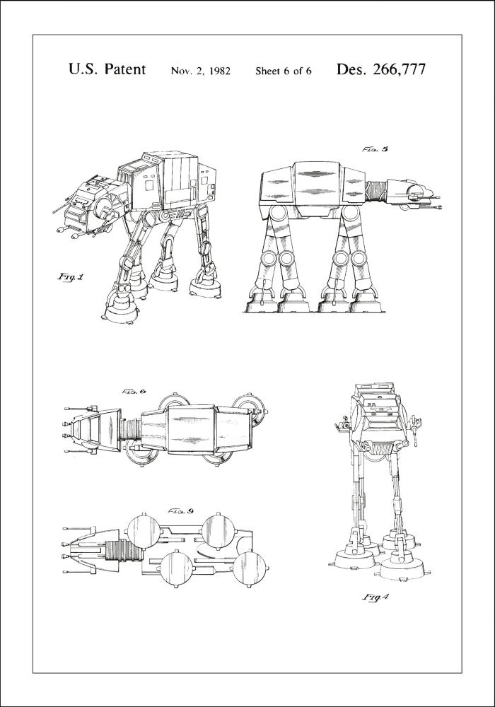 Patentni crtež - Star Wars - Walker - Bijelo Plakat