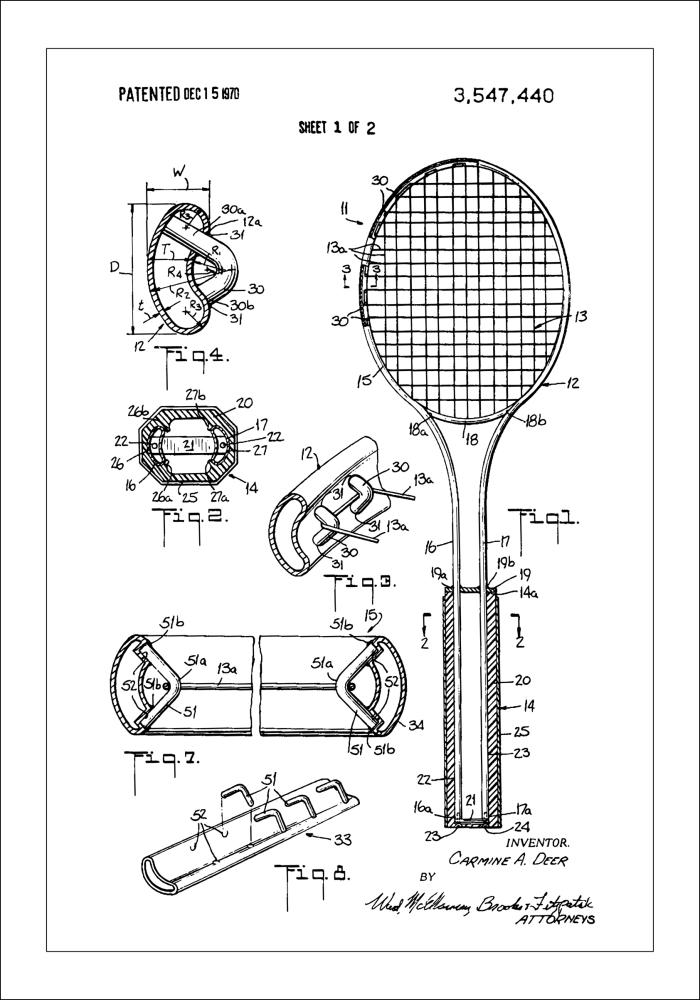 Patent Print - Tennis Racket - White Plakat