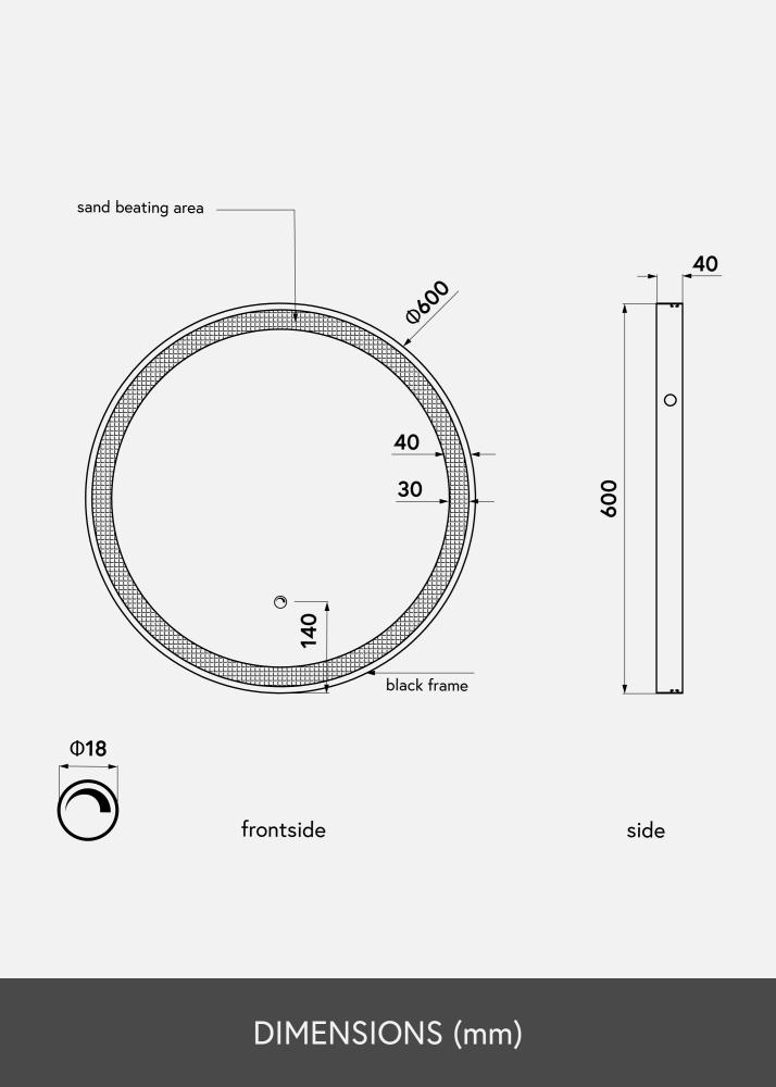 KAILA Ogledalo Crno LED 60 cm Ø