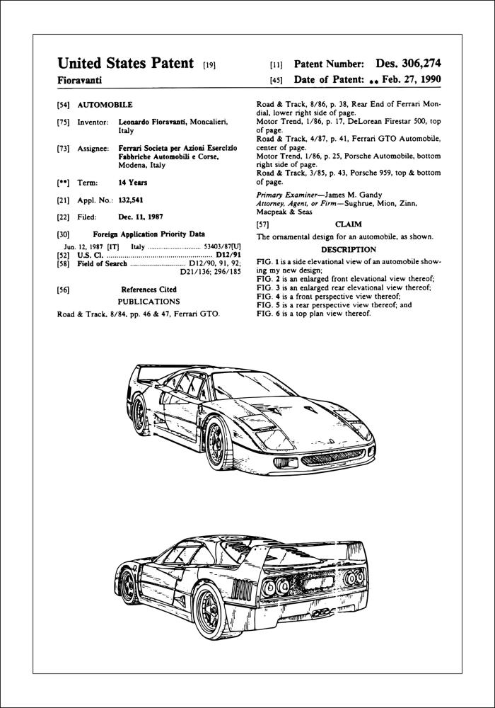 Patentni crtež - Ferrari F40 u Plakat