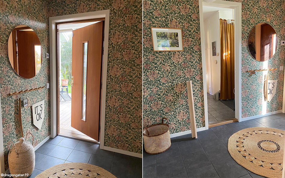 Cvjetna tapeta u hodniku, okruglo zrcalo sa zlatim staklom