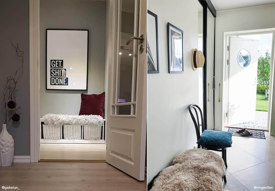 Uređenje hodnika - klupa za sjedenje s pohranom, crna stolica i slike