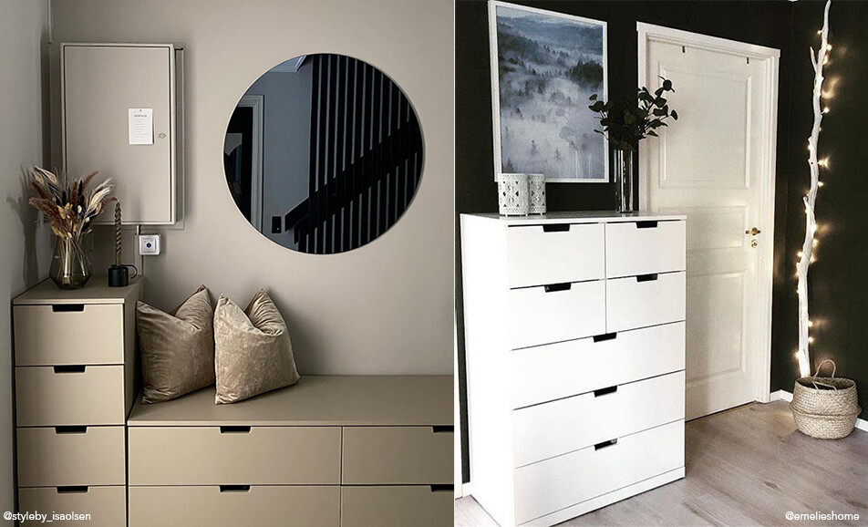 Uređenje hodnika - klupa za sjedenje s pohranom i bijela komoda